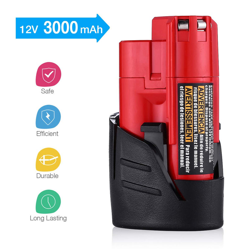 Powerextra 2 Pack 12V 3000mAh Lithium-ion Replacement Battery Compatible with Milwaukee M12 48-11-2411 48-11-2420 48-11-2401 48-11-2402 48-11-2401 12-Volt M12 Cordless Tools - NewNest Australia
