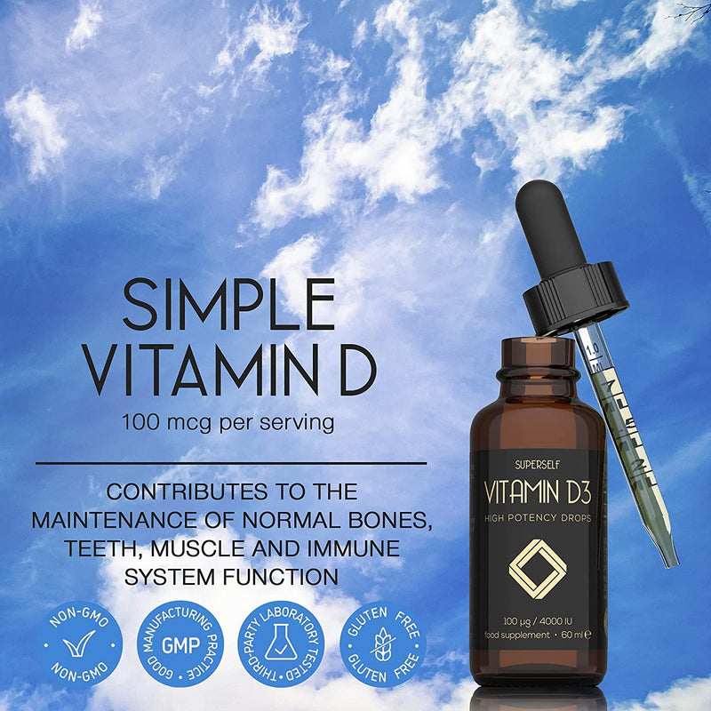 Vitamin D Drops - Vitamin D3 4000 IU Liquid for Adults - 60ml 1200 Drops - High Strength & Absorption Supplement for Strong Bones, Teeth, Immune System - Vit D 1000IU per 1 Drop - UK Made & Vegetarian - NewNest Australia