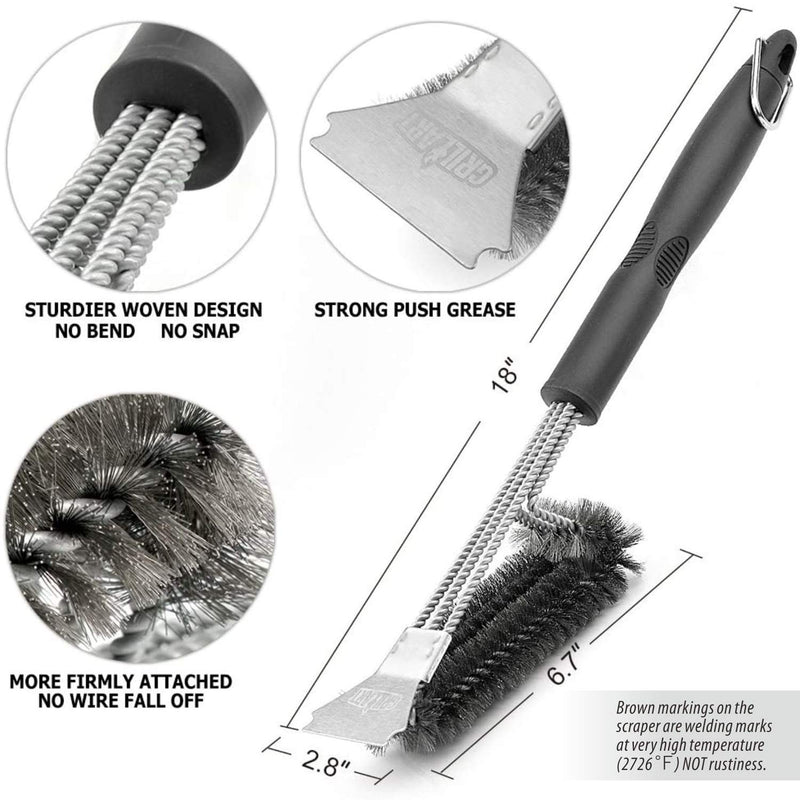 NewNest Australia - Grill Brush and Scraper - Extra Strong BBQ Cleaner Accessories - Safe Wire Bristles 18" Stainless Steel Barbecue Triple Scrubber Cleaning Brush for Gas/Charcoal Grilling Grates, Wizard Tool 