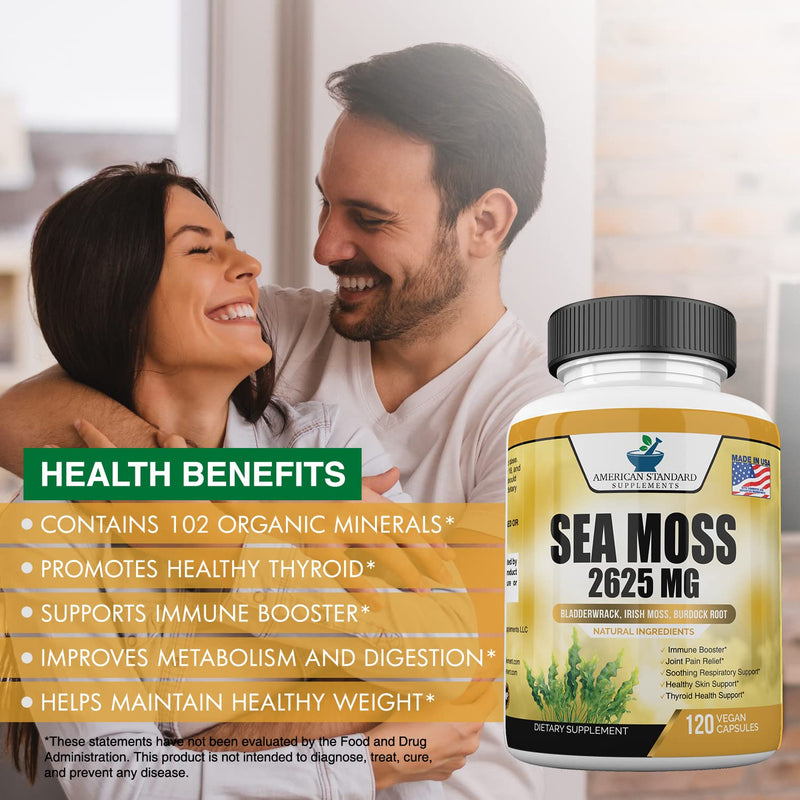 Organic Sea Moss 2625mg, Maine USA Hand Harvested, Irish Moss Bladderwrack and Burdock Root, Sea Moss Capsules, SeaMoss, Irish Sea Moss Alternative To Sea Moss Powder, Sea Moss Gel, 120 Vegan Capsules - NewNest Australia