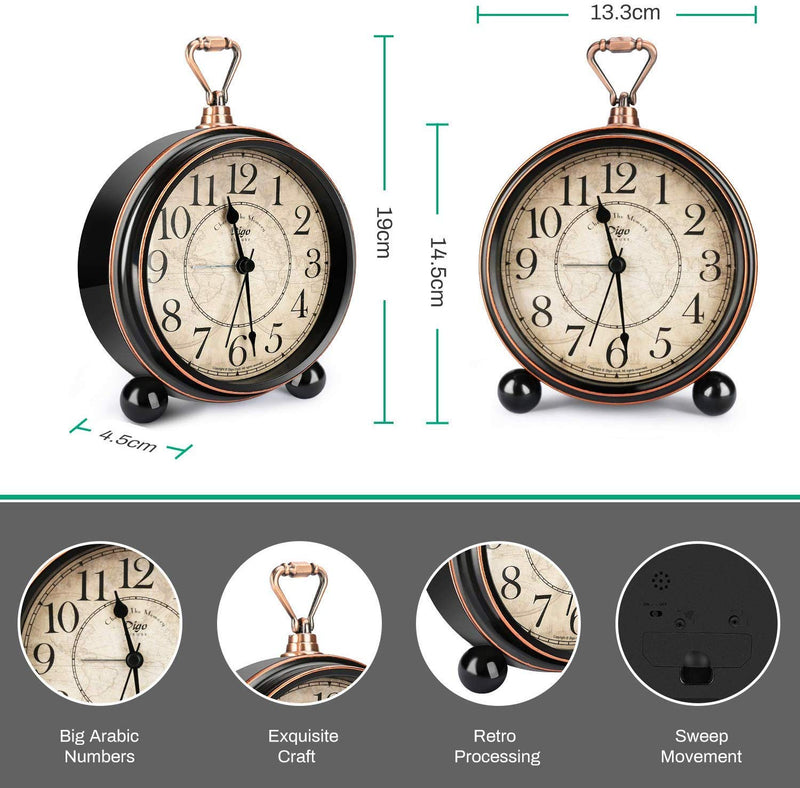 NewNest Australia - Intsun Classic Retro Alarm Clock, Bed Alarm Clock Battery Operated Desk Clock Metal Silent Alarm Clock for Bedrooms, Non Ticking (Black, Battery Excluded) 