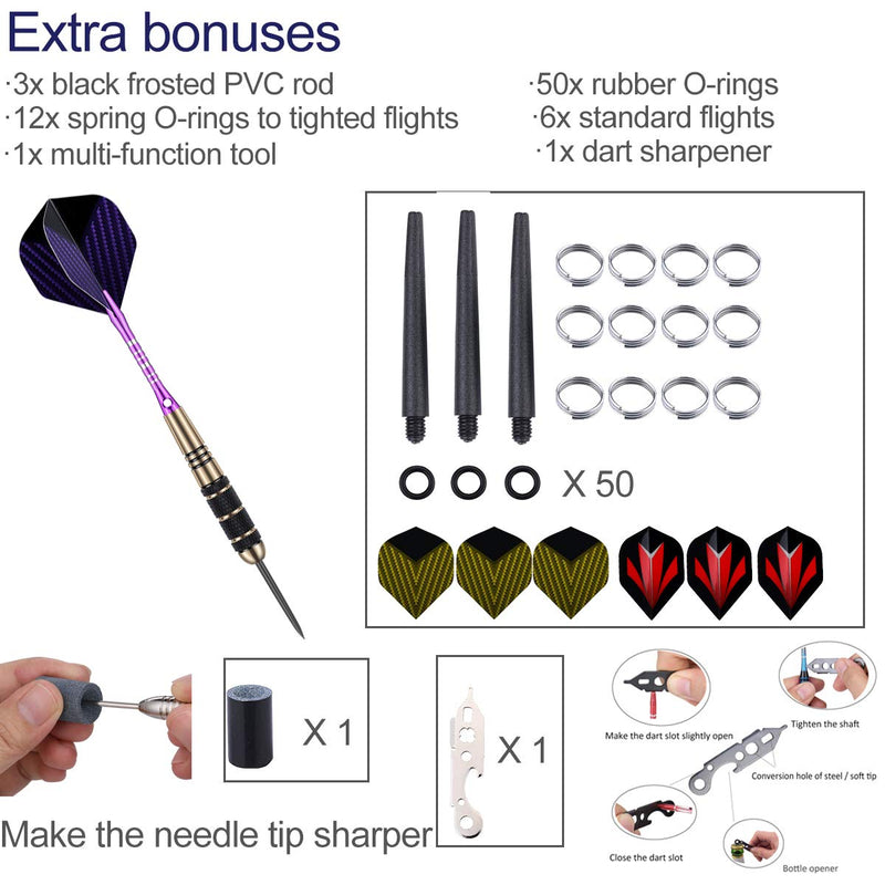 sanfeng Darts Metal Tip Set for Dartboard, Steel Tip Darts 22g 23g 24g 27g with Black Blue Green Aluminum Shafts + Extra Flights + 50pcs Rubber O-Rings 12pcs Spring Rings + 1pcs Dart Sharpener Tool 24g-Purple--3 Pack - NewNest Australia