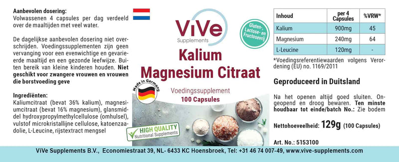 Potassium magnesium citrate - 100 vegan capsules - essential minerals - highly bioavailable - safe dosage | Quality from Germany from ViVe Supplements - NewNest Australia