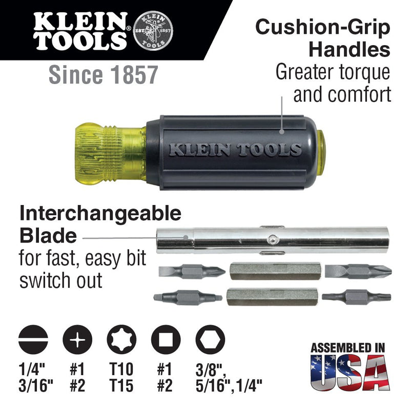 Klein Tools 32500 Multi-Bit Screwdriver/Nut Driver 11-in-1 Multi Tool, 8 Industrial Strength Bits Small - NewNest Australia