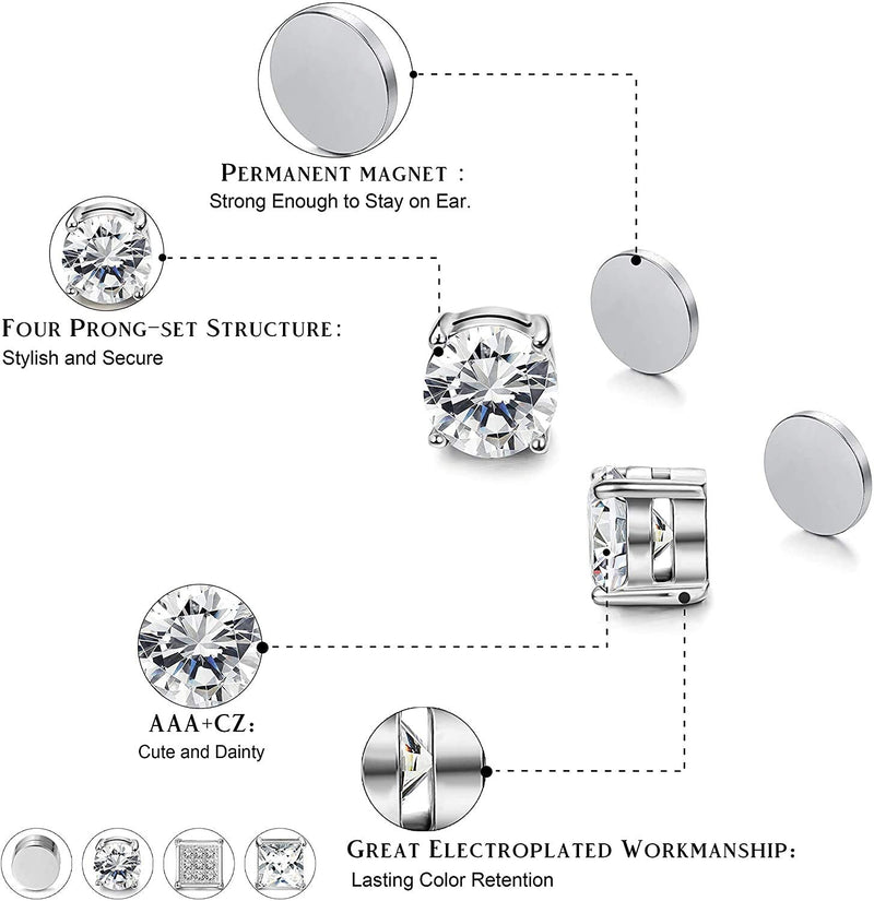 Milacolato 4Pairs Magnetic Stud Earrings For Men Women Stainless Steel CZ Earrings Studs Square Round Diamond Non-Piercing Clip On Stud Earrings Set For Male Boys,6mm 7mm 7.0 Millimetres - NewNest Australia