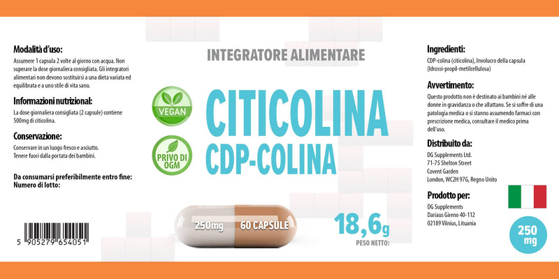 Citicoline CDP Choline 250mg 60 Vegan Capsules, Laboratory Tested, High Strength, No Fillers or Bulkers, No GMOs - NewNest Australia