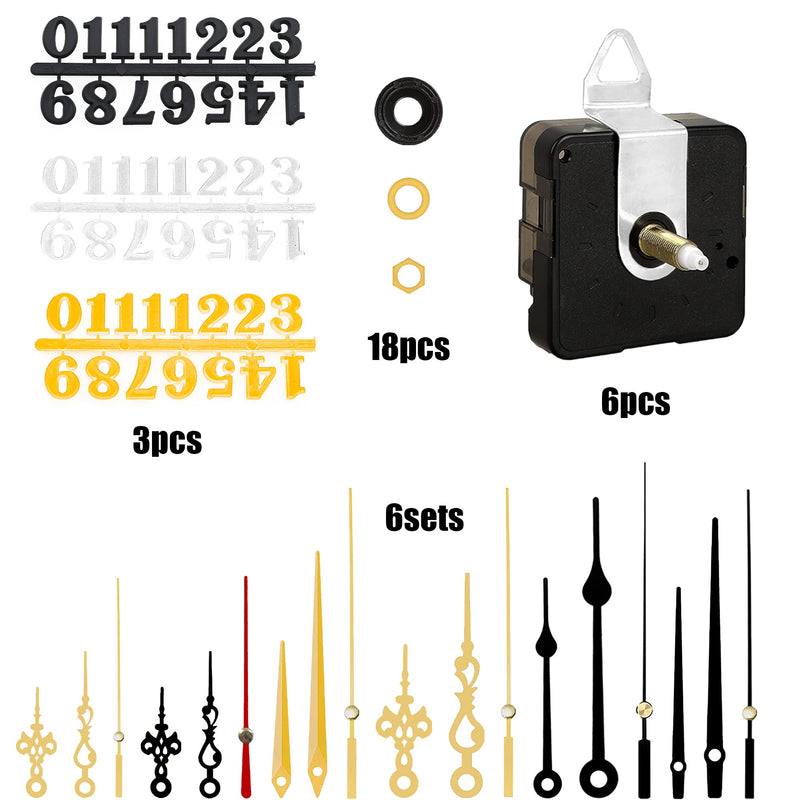6pcs High Torque Quartz Clock Movement Mechanism Replacement Clock Numerals Kit with 6 Different Pairs of Hands Clock for DIY Wall Clock Handicrafts Repair Clock Parts 21.5mm - NewNest Australia
