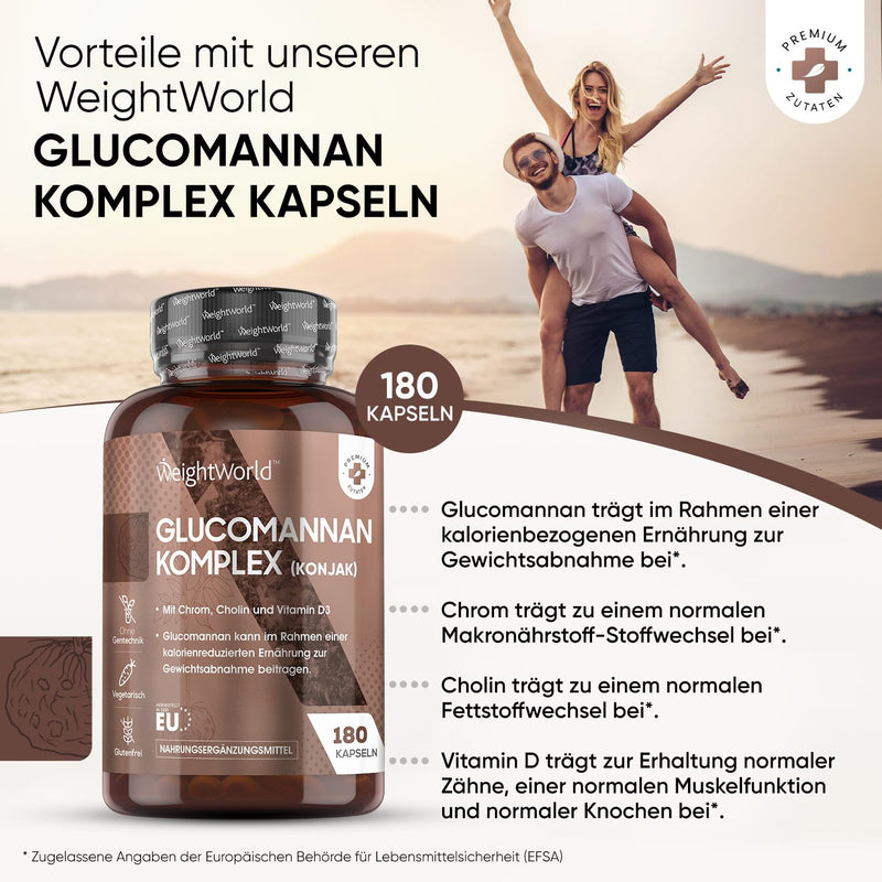 Glucomannan Capsules 3540 Mg - 30 Days - 180 Vegetarian Capsules With 95% Fiber - Vitamins For Women And Men With 500 Mg Choline, 250 Mcg Chrome, Vitamin B3 & Vitamin D3 - Konjac Weightworld - NewNest Australia