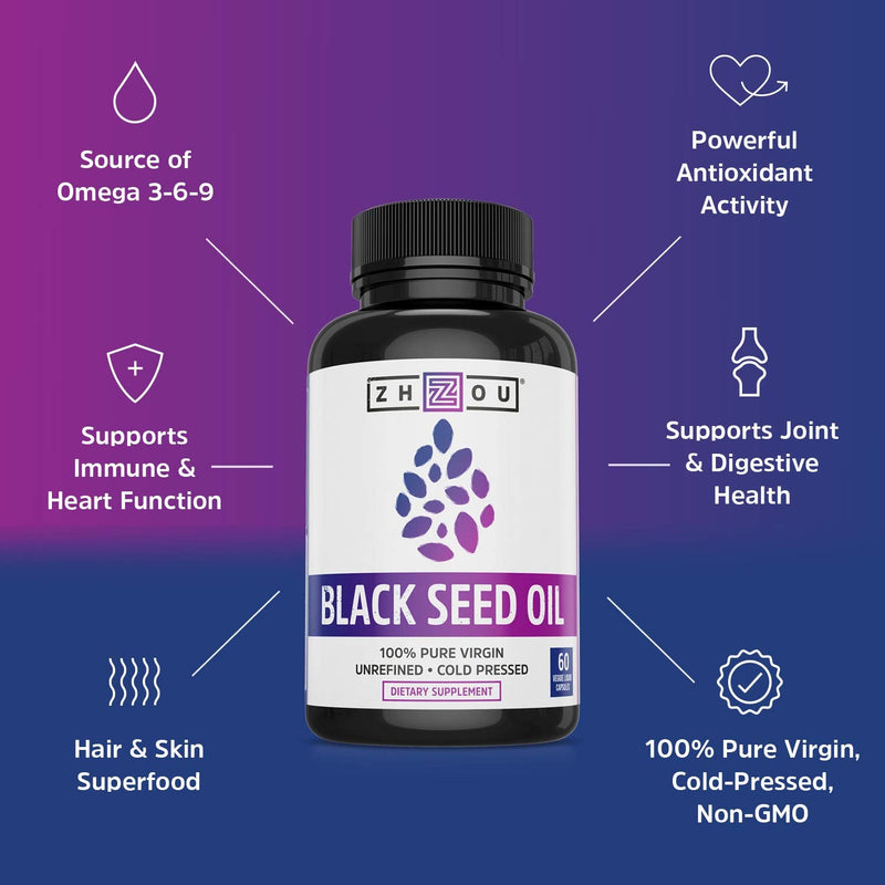Zhou Black Seed Oil | 100% Virgin, Cold Pressed Source of Omega 3 6 9 | Super antioxidant for Immune Support, Joints, Digestion, Hair & Skin | 60 Caps - NewNest Australia