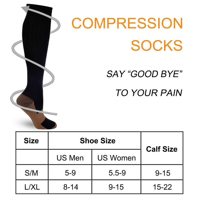 7 Pairs Copper Compression Socks for Men Women 20-30 mmHg Knee High Stockings Black Small/Medium (7 Pair) - NewNest Australia