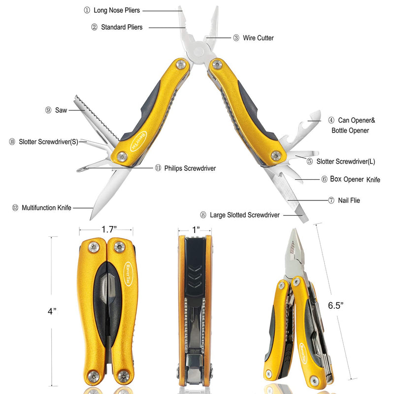 RoverTac Multitool with Safety Lock 12 in 1 Multitool Knife Pliers Screwdriver Saw Bottle Opener Gifts for Men Perfect for Camping Survival Hiking Fishing Simple Repairs Gold - NewNest Australia