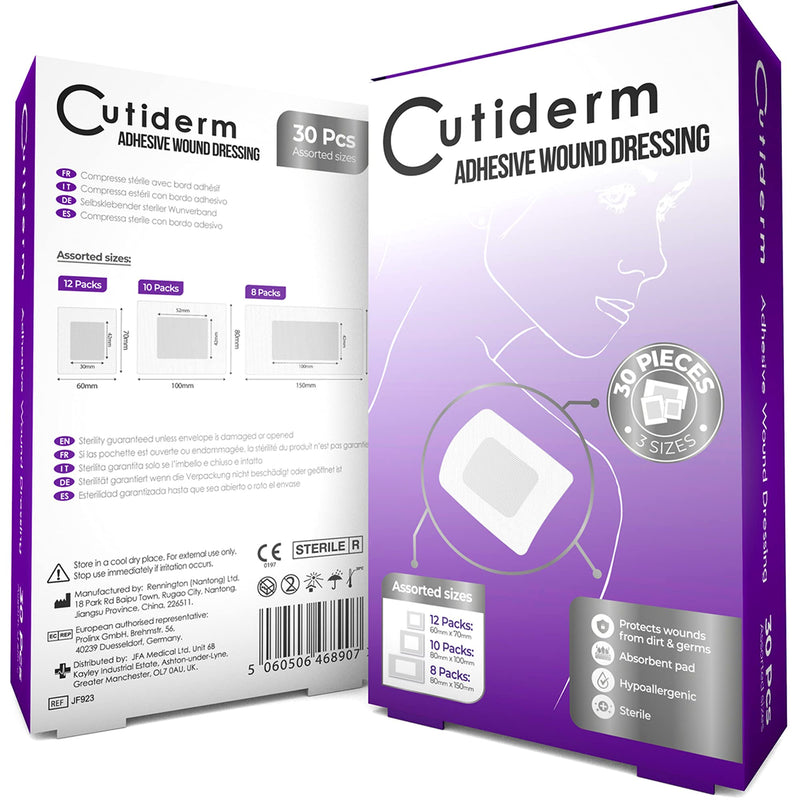 Pack of 30 Cutiderm Assorted Adhesive Sterile Wound Dressings Suitable