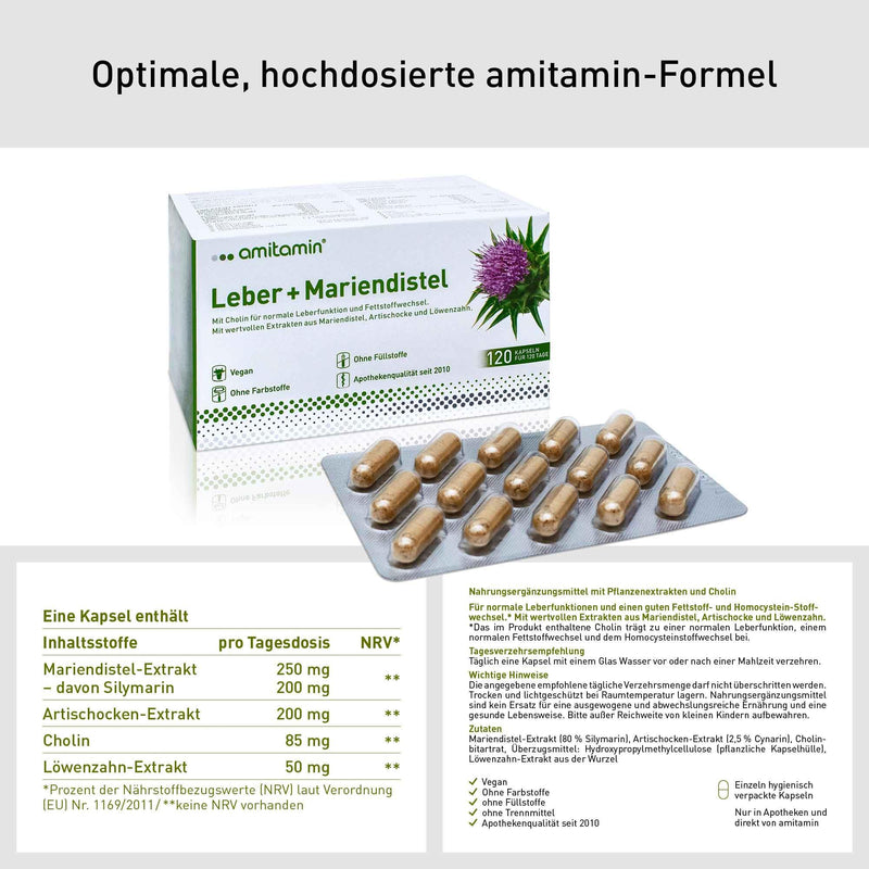 Amitamin Liver + Milk Thistle, German Pharmacy Quality, 120 Capsules For 4 Months, High Dosage, Milk Thistle, Dandelion And Artichoke Extract, Silymarin Content 80% Plus Choline, Vegan - NewNest Australia