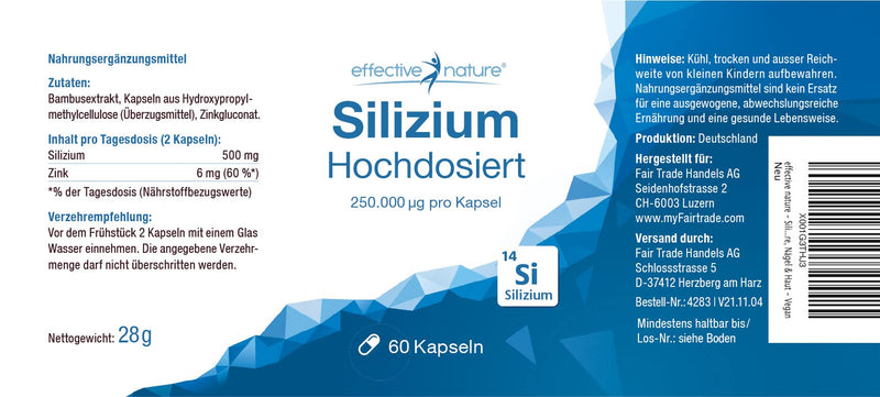 effective nature - high-dose silicon capsules - 60 pieces for 30 days - made from bamboo extract - 500 mg bamboo silicon per day - with zinc to support normal bones, hair, nails & skin - vegan - NewNest Australia