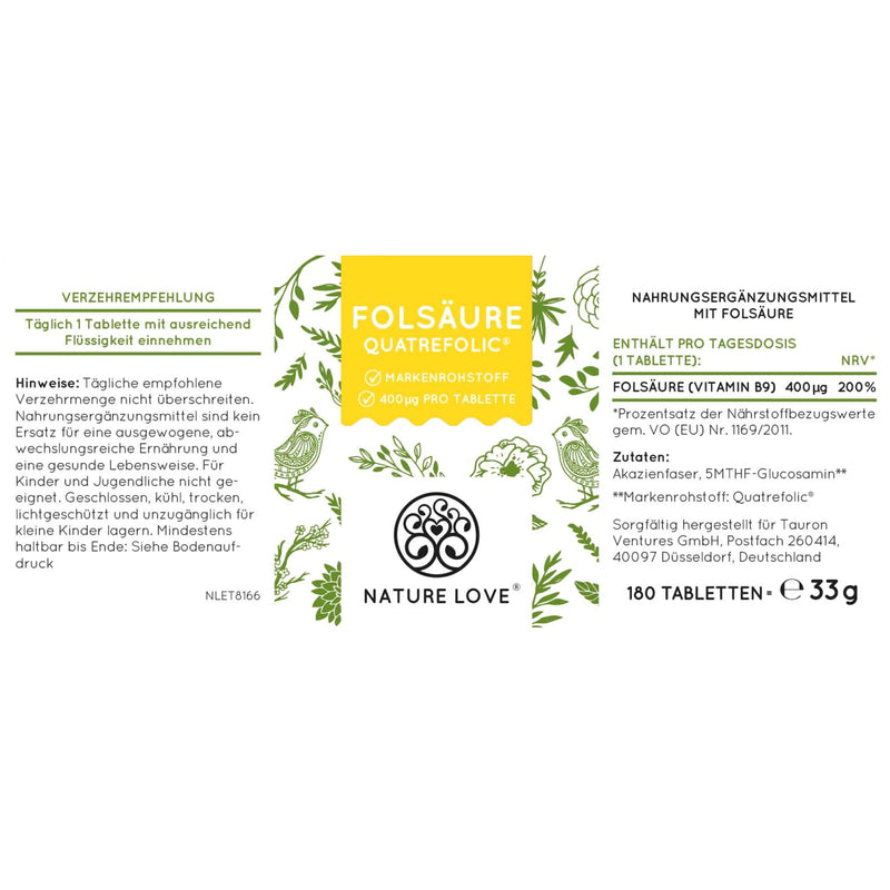 NATURE LOVE® Folic acid Quatrefolic® - 180 tablets - 400mcg per tablet - desire to have children and pregnancy* - high dosage, vegan, laboratory tested, produced in Germany - NewNest Australia