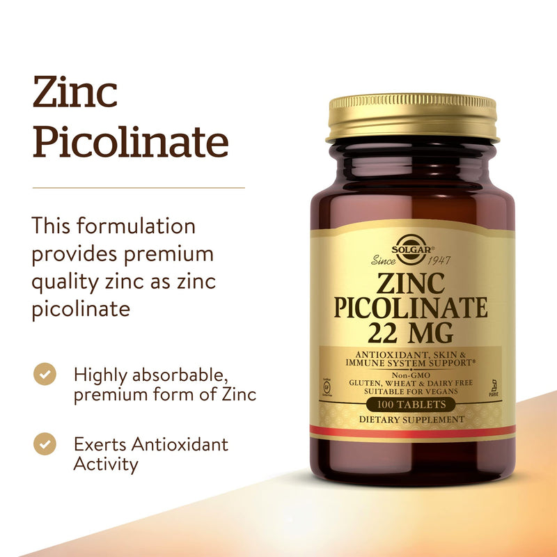 Solgar Zinc Picolinate 22 mg, 100 Tablets - Promotes Healthy Skin - Supports Immune System, Normal Taste & Vision - Antioxidant - Non GMO, Vegan, Gluten Free, Dairy Free, Kosher - 100 Servings - NewNest Australia