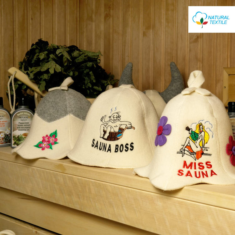 Natural Textile Sauna Hat 'Sauna Boss Devil' White - 100% Organic Wool Felt Hats for Russian Banya - Protect Your Head from Heat - English Sauna eBook Guide Included - with Embroidery - NewNest Australia