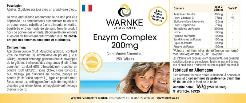 Enzyme Complex Capsules - Bromelain, Papain & Ficin - Vegan - Vegetable Enzymes Plus Acerola & Bioflavonoids - High Dose - 250 Capsules - Bulk Pack Warnke Vital Substances - NewNest Australia
