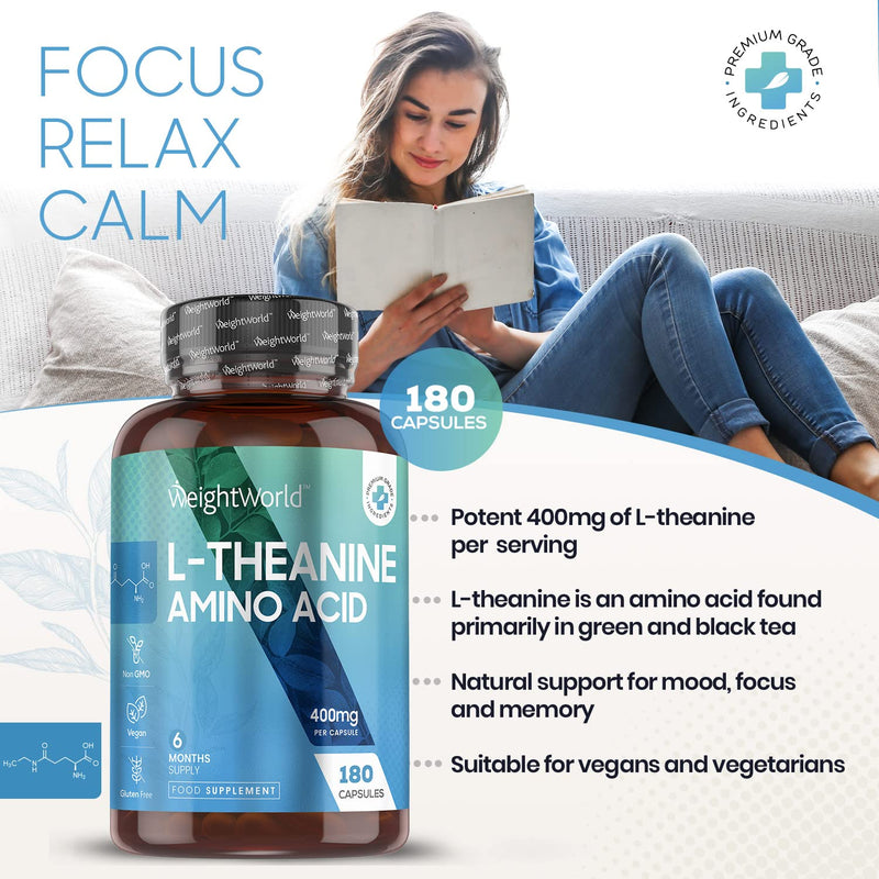 L Theanine 400mg - 6 Months Supply (180 Vegan L Theanine Capsules) - Natural Nootropics Supplements - Alternative to Coffee - High Strength Amino Acid Supplement - One Capsule A Day - Gluten Free - NewNest Australia