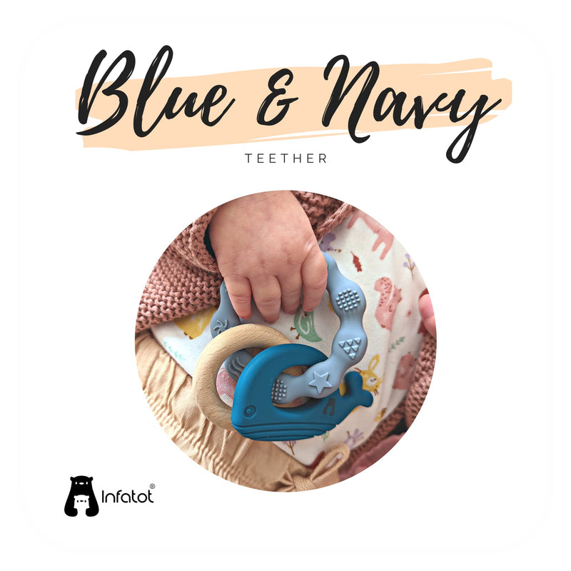 Infatot MultiTexture Teething Toys for Baby, BPA Free Silicone Easy to Hold Toy with Wooden Teether. Animal Teethers for Newborn & Babies 3 4 6 12 Months Boy & Girl Teether Infant & Shower Gifts. B Blue and Navy - NewNest Australia