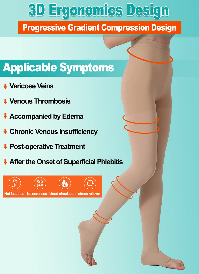 MGANG® Compression Pantyhose, Open Toe, Waist High Compression Stockings Opaque, 15-20 mmHg Pantyhose, Firm Support Hose for Unisex, Edema, Varicose Veins, Swelling, Nursing, Beige Small 15-20mmhg Beige Open-toe - NewNest Australia