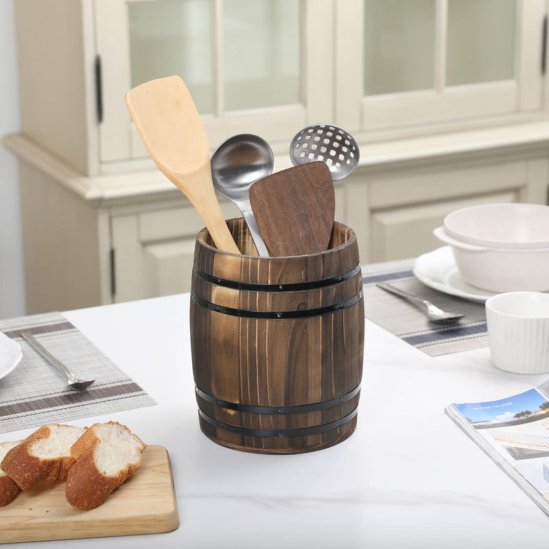 MyGift Wine Barrel Design Kitchen Utensil Crock, Vintage Rustic Burnt Wood Cooking Tool Holder - NewNest Australia