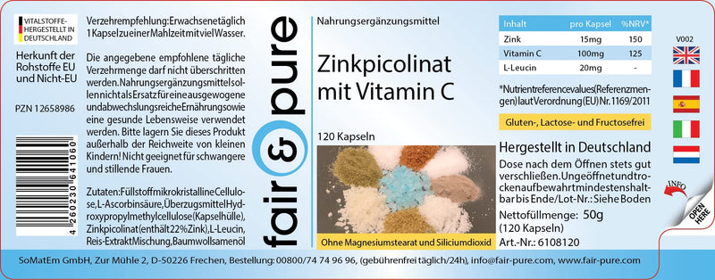 Fair & Pure® - zinc picolinate 15mg elemental zinc and 100mg vitamin C - vegan - without magnesium stearate - 120 vegan zinc capsules - NewNest Australia