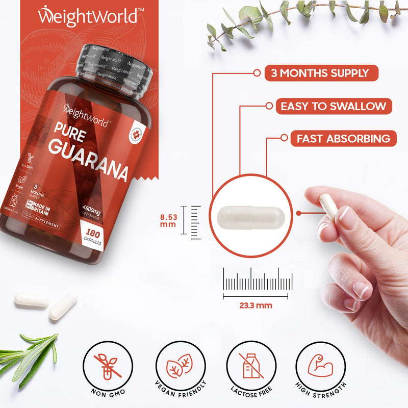 Guarana Capsules 4800mg - 180 Vegan Capsules (3 Month Supply) - Natural Caffeine Supplement - 4X More Caffeine Than Coffee - High Strength Guarana Extract - GMO Free Dietary Supplement - Made in UK - NewNest Australia