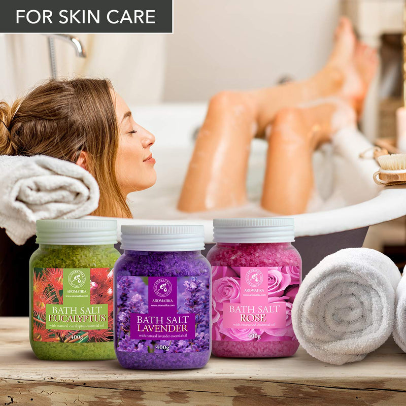 Bath Salts Set 3x400g - Lavender - Rose - Eucalyptus - 100% Natural Essential Oil - Best for Good Sleep - Stress Relief - Bathing - Body Care - Wellness - Beauty - Relaxation - Spa - NewNest Australia