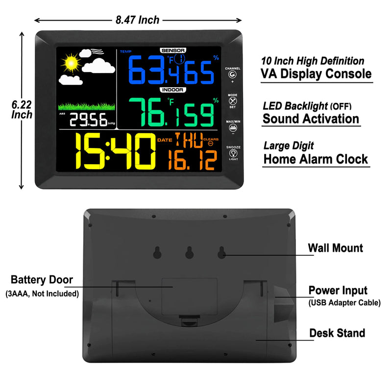 AIRAIN TECH Wireless Weather Station Clock, 10 Inch Home Indoor Weather Monitor with Barometer, Outdoor Temperature and Humidity Gauge, Black - NewNest Australia