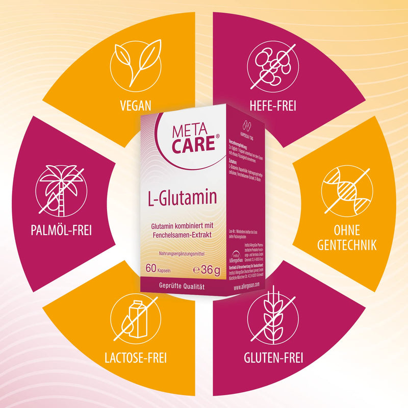 Meta Care L-Glutamine - Vegan - High dosage - Ideally combined with biotin and natural fennel seed extract - 60 capsules - NewNest Australia
