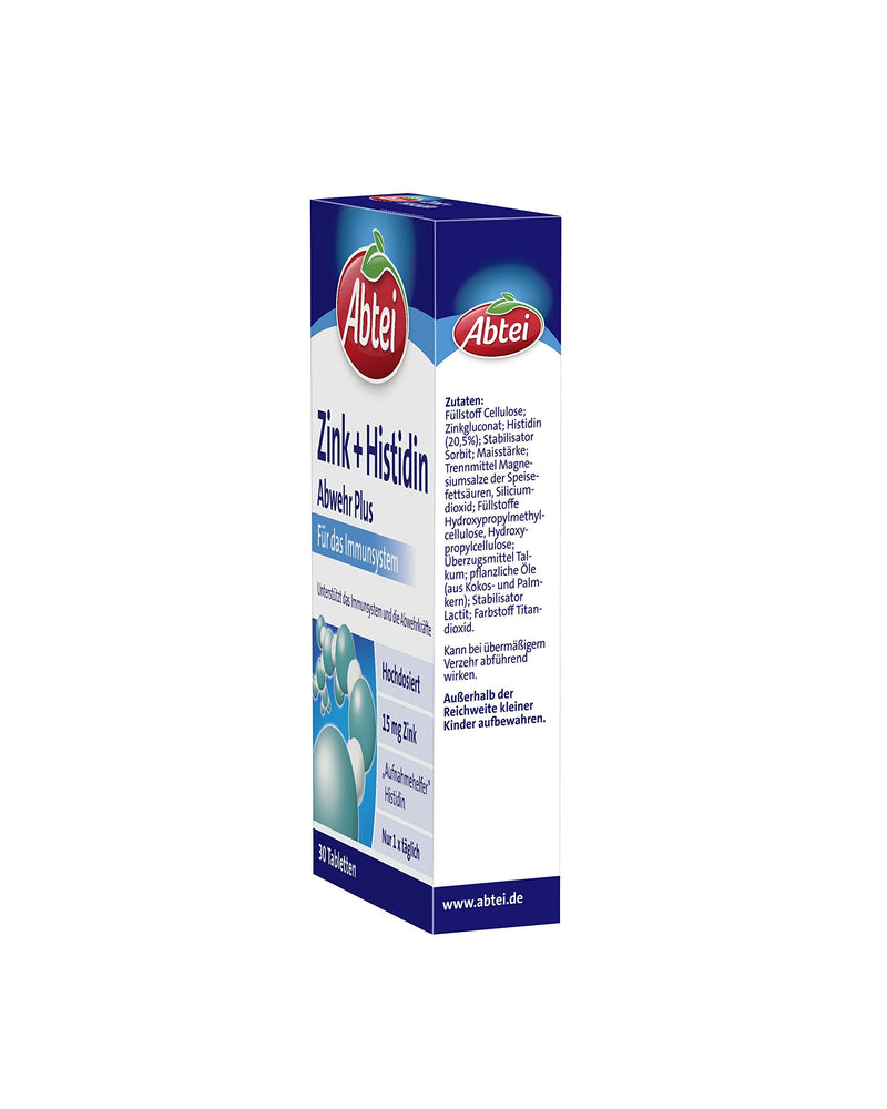 Abtei Zinc + Histidine Defense Plus - High Dose - Nutritional Supplement for the Immune System - with Histidine - 1 x 30 Tablets 30 Pieces (Pack of 1) - NewNest Australia