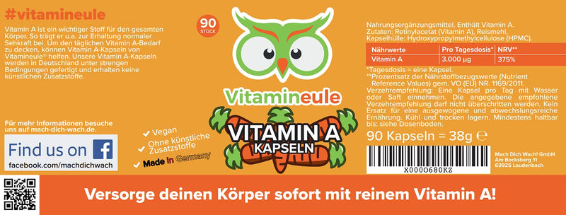 Vitamin A capsules - high dosage with 10,000 IU / 3,000 µg - quality from Germany - vegan - laboratory tested - retinyl acetate/retinol without additives - eye vitamins - for skin and eyes - Vitamineule® - NewNest Australia
