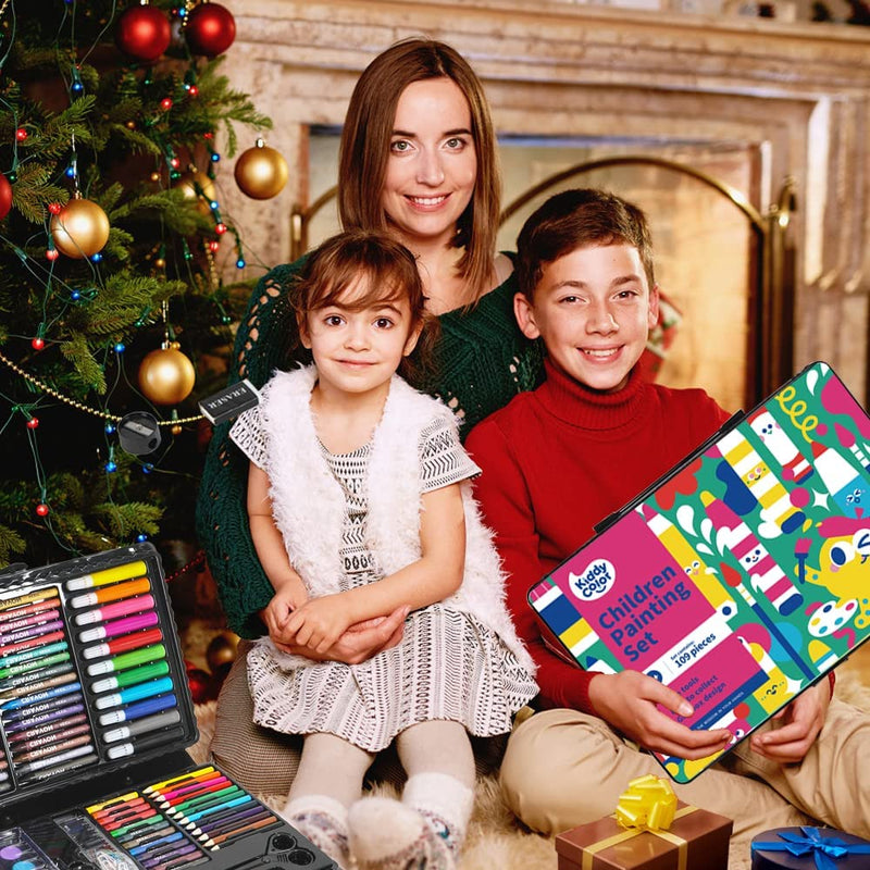 KIDDYCOLOR 109-Piece Deluxe Art Set for Kids, Painting & Drawing Art Supplies in a Plastic Case with Markers, Watercolor Cakes, Color Pencils, Great Art Kit Gift for Kids 3-12 109 pcs - NewNest Australia