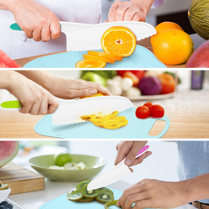 DIKAKO Kids Knife 3-Piece with Cutting Board - Toddler Knife Set Children's Cooking Nylon Knives - Serrated Edges and Firm Grip Suitable for Cutting Salad, Fruit, Cake, Lettuce (3 Sizes & Colors) - NewNest Australia