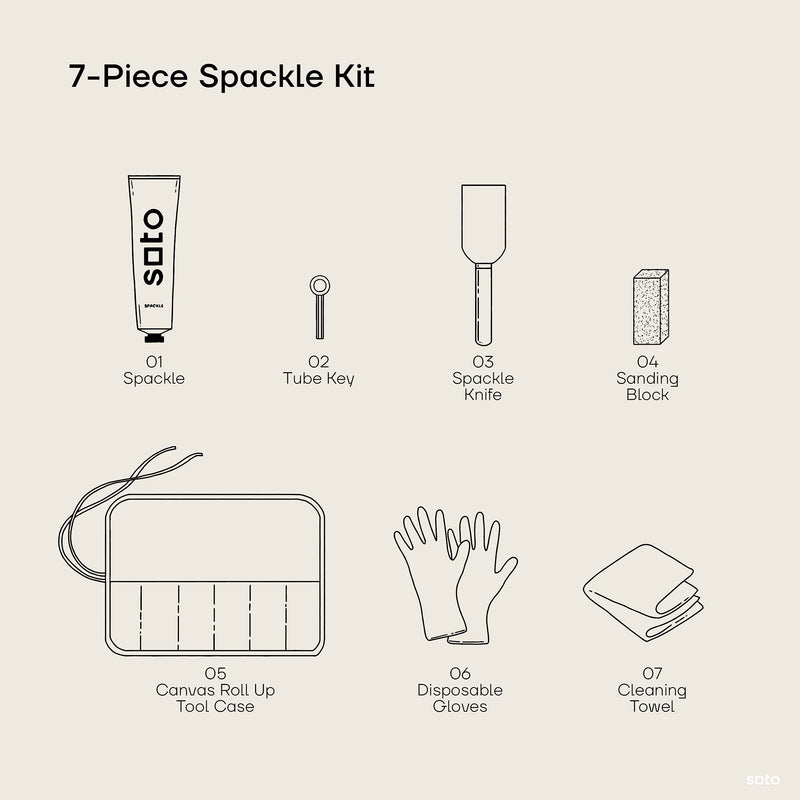 soto Premium SPACKLE 7-Piece KIT. Includes: Spackle, Key, Knife, Sandpaper, Gloves, Towel, Cotton Tool Storage Case. Use on: Walls, Ceiling, Furniture, Cabinets (No. 01 Perfect White) No. 01 Perfect White - NewNest Australia