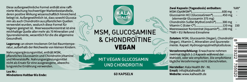 Kala Health Vegan Glucosamine & Chondroitin + Opti Msm High Dose Unique 100% Vegan Formula With Five High-Quality Brand Ingredients - Unique Combination Of Ingredients For Joints - NewNest Australia