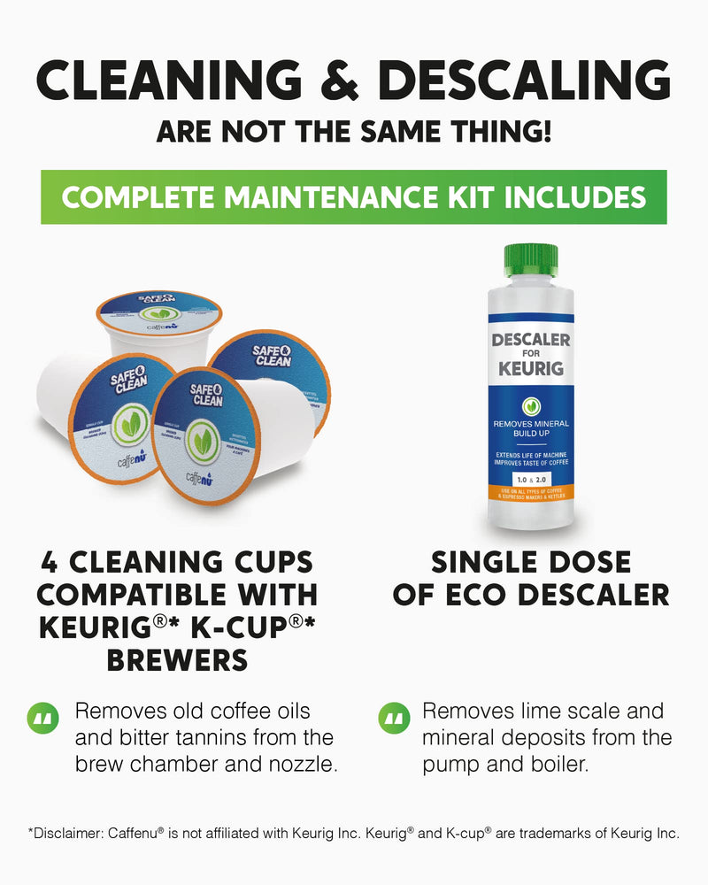 Descaling Solution and Cleaning Kit for Keurig 1.0 & 2.0 K Cup Coffee Machines. 3 Month Supply. 2 uses per Bottle & 4 Cleaner Pods. Removes Limescale & Cleans Pod Area. Eco Friendly - NewNest Australia