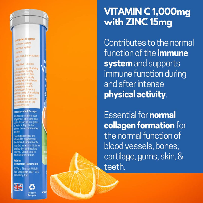 Vitamin C Effervescent Tablets 1000mg with Zinc 15mg, 20 Orange Flavour, Suitable for Vegans, High Strength, Healthy Immune System, Reduction in Tiredness, Collagen Formation, Sugar Free - NewNest Australia