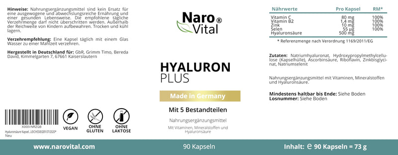 Hyaluronic Plus Hyaluronic Acid Capsules, Anti-Ageing And Joints Treatment, High Dosage 500 Mg Per Capsule, Pack Of 90 Capsules, 500-700 Kda, Vitamin B2, Zinc, Selenium And Vitamin C, 3-Month Supply, Vegan - NewNest Australia