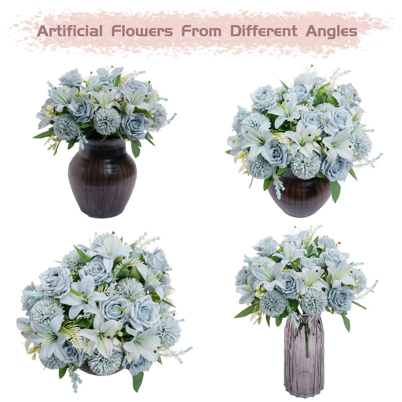SHUOTAO Artificial Flowers Fake Silk Lily Rose for Decoration 18 Heads Blooming Faux Flower Bouquet with Stem for DIY Vase Home Wedding Party 2 Pack Blue - NewNest Australia