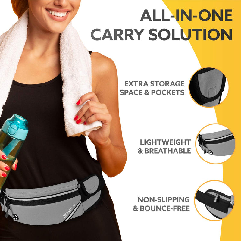 3DActive Running Belt PLUS Waist Pack, Water Resistant Runners Belt, Workout Fanny Pack, Lightweight, All-in-One Reflective Running Pouch for Exercise, iPhone, Android and Accessories (Gray) Gray - NewNest Australia