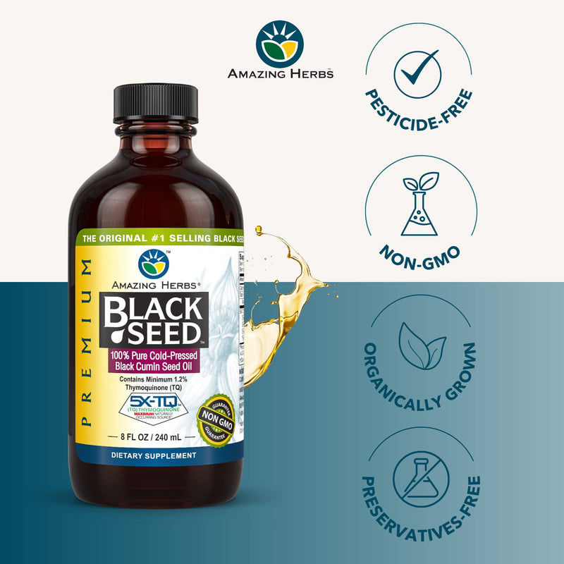 Amazing Herbs Premium Black Seed Oil - Cold Pressed Nigella Sativa Aids in Digestive Health, Immune Support, Brain Function, Joint Mobility, Gluten Free, Non GMO - 8 Fl Oz 8 Fl Oz (Pack of 1) - NewNest Australia