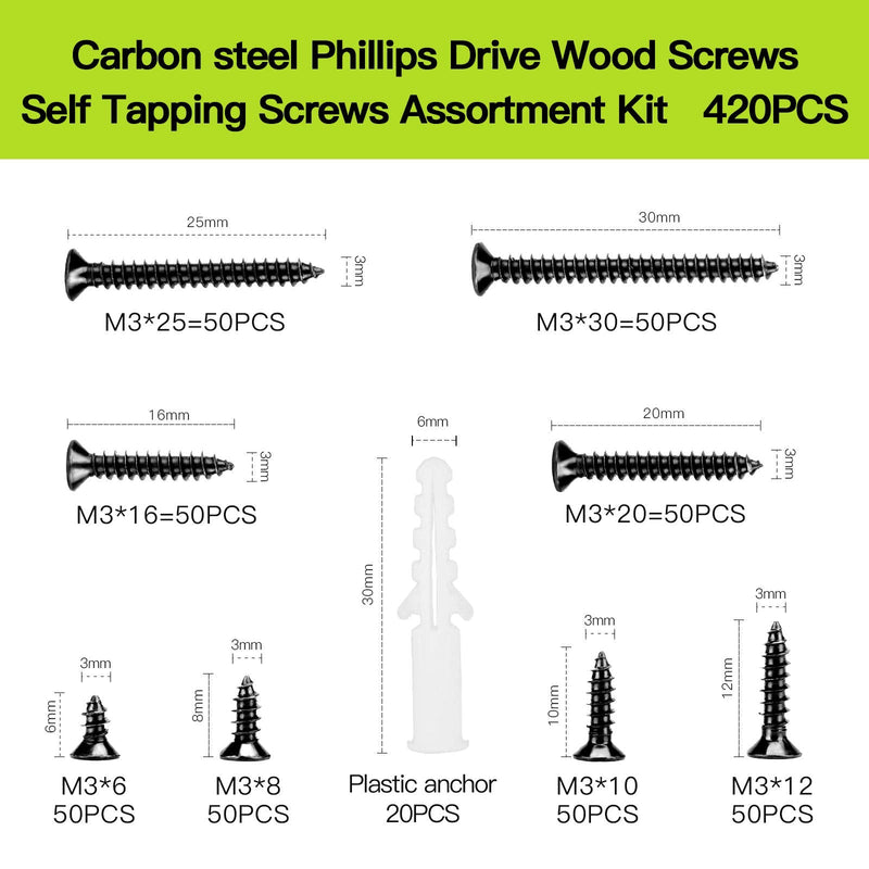 M3 Flat Head Wood Screws Assortment Fasteners Kit 420pcs,Phillips Drive Countersunk Head Self-Tapping Screws,Carbon Steel,Contains 20pcs M6 Screw Anchors Black - NewNest Australia