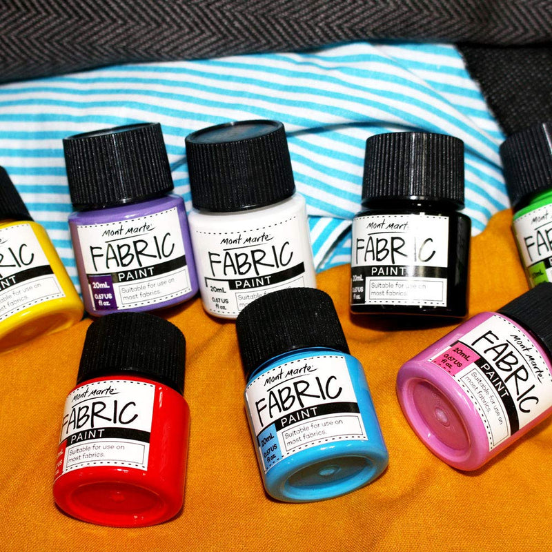 Mont Marte Permanent Fabric Paint Set 8 x 20ml Vivid Colours for Textile, Fabric, T-Shirt, Canvas, Wood, Ceramic, Glass Multi 0.7 Fl Oz (Pack of 8) - NewNest Australia