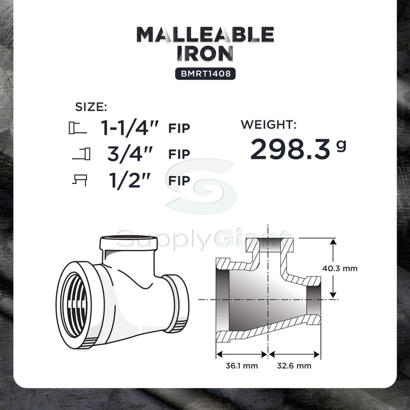 Supply Giant CNSU360I Black Malleable Three Size Reducing Tee with Female Threaded Fitting 1-1/4 in. x 3/4 in. x 1/2 in. - NewNest Australia