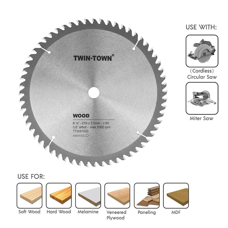 TWIN-TOWN 8-1/4-Inch Saw Blade, 60 Teeth,General Purpose for Soft Wood, Hard Wood, Chipboard & Plywood, 5/8-Inch DMK Arbor 8-1/4" 60T - NewNest Australia