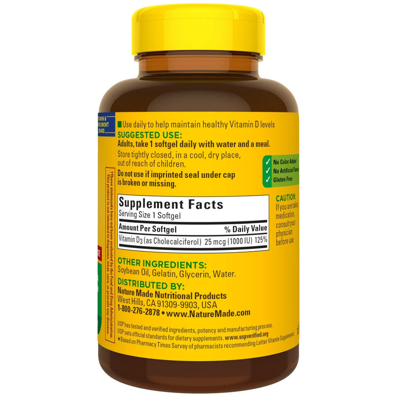 Nature Made Vitamin D3, 300 Softgels, Vitamin D 1000 IU (25 mcg) Helps Support Immune Health, Strong Bones and Teeth, & Muscle Function, 125% of the Daily Value for Vitamin D in One Daily Softgel - NewNest Australia