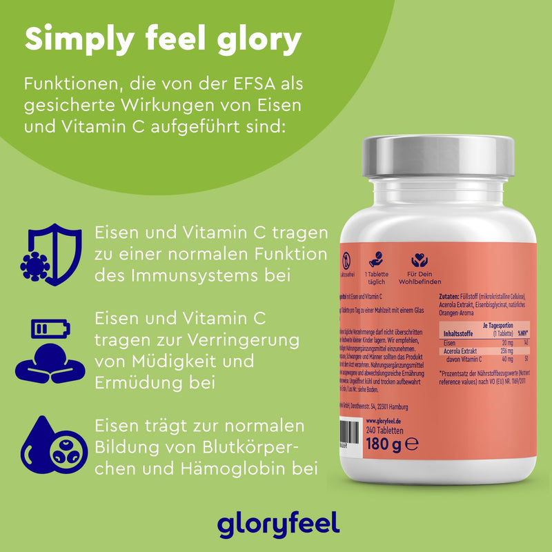 Iron with 40mg natural vitamin C - 240 tablets - Premium raw materials: iron bisglycinate (iron chelate) + vitamin C from acerola extract - Laboratory tested and made in Germany without additives - NewNest Australia