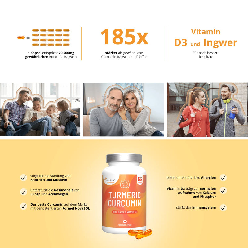 Turmeric Capsules With Vitamin D3-60 Capsule - Curcumin Capsules High Dose 1000 Mg - Ginger - Curcuma Extract - 185X Higher Bioavailability Curcuma Extract Capsules - Sensilab - NewNest Australia